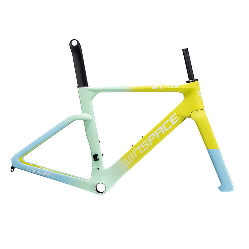 Winspace C5 Aero road bike frame in mint, yellow, blue gradient. White WINSPACE branding on down tube.