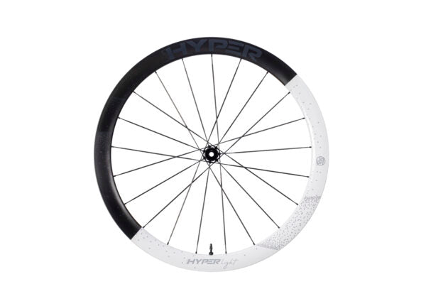 Lightweight Lún HYPER LIGHT carbon wheelset with two-tone deep rim: matte black & white speckled.