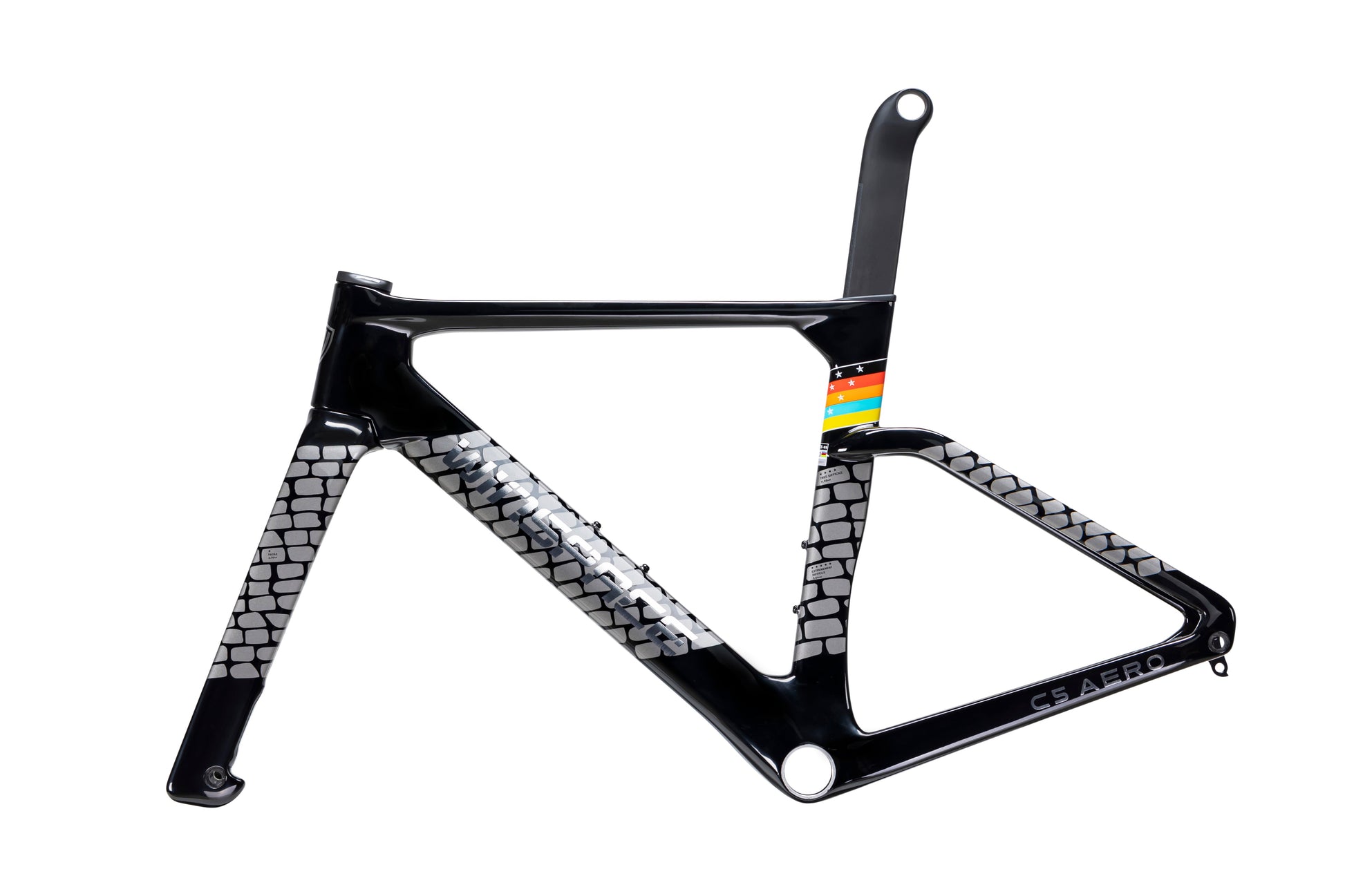 Black glossy C5 Aero road bike frame with gray cobblestone graphics and rainbow stripes with stars on seat tube.