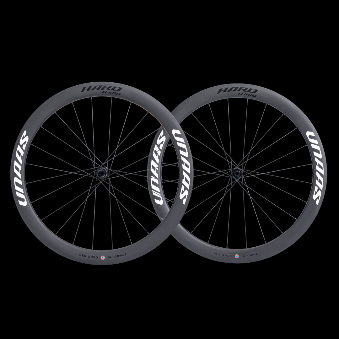 UNAAS HARD H50D carbon disc brake wheelset, 50mm deep rims, matte black, white decals.